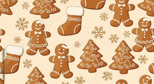 Seamless christmas gingerbread cookies and snowflakes pattern festive holiday design