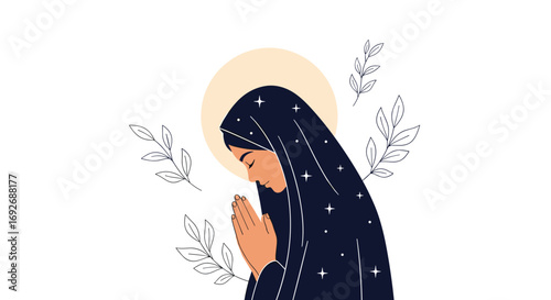Serene woman praying under a starry veil surrounded by delicate floral sprigs