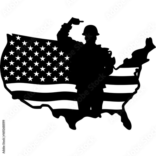 Silhouette of a soldier saluting over the united states flag map