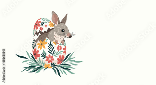 A cute bandicoot emerging from a decorated easter egg surrounded by festive foliage