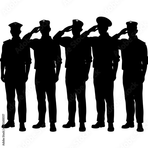 Silhouettes of five soldiers saluting in uniforms
