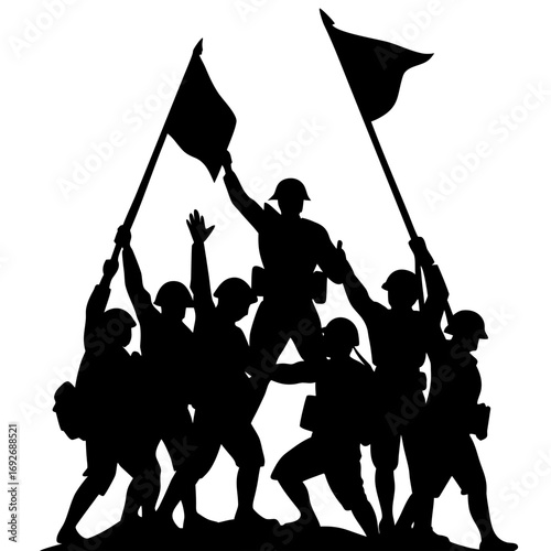 Soldiers raising flags in victory silhouette