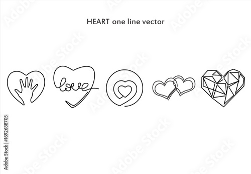 Heart One Line Art Set Love and Romantic Symbols. line icon-continuous line drawing. Editable stroke. 