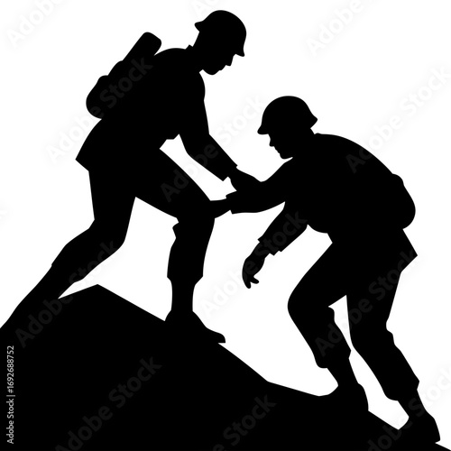 Soldiers helping each other climb uphill