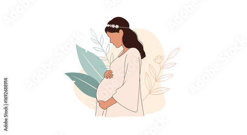 Beautiful pregnant woman holding her belly with flowers and leaves around her celebrating new life and motherhood