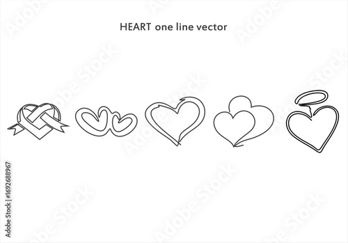 Heart One Line Art Set Love and Romantic Symbols. line icon-continuous line drawing. Editable stroke. 
