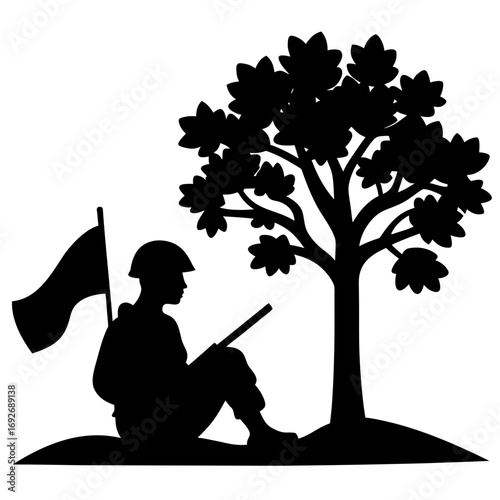 Soldier resting under tree with flag