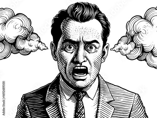 A shocked businessman with steam coming from his ears in a vintage illustration style