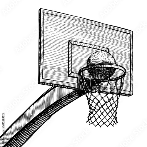 Basketball passing through a hoop in a vintage woodcut style, black and white