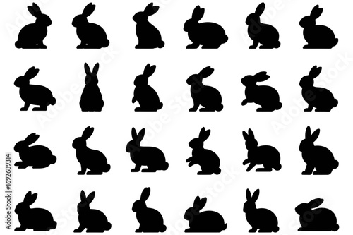 Collection of twenty four black silhouette bunny rabbits in various poses and positions on white