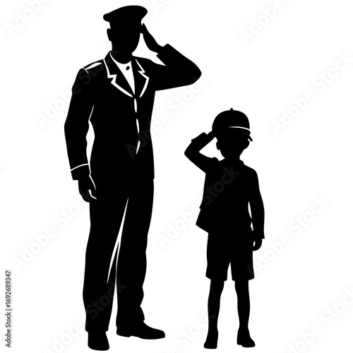 Father and son saluting in silhouette