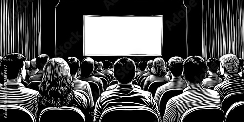 An audience in a dark theater in a monochrome woodcut style facing a blank screen