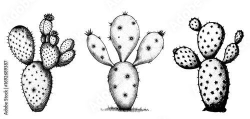 Vintage stippled style cactus illustrations black and white