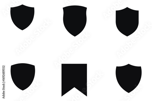 Illustration of six simple black shield icons and a black bookmark icon on white background