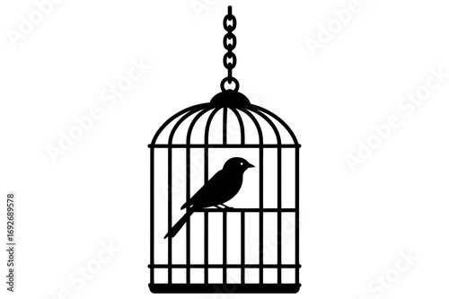 Silhouette image showing a bird inside a birdcage hanging from a chain on a white background