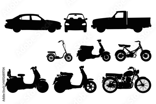 Silhouettes of various vehicles including cars trucks and several types of scooters and bikes