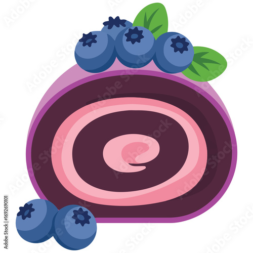 Strawberry flavored roll cake with blueberry jam topping isolated vector illustration