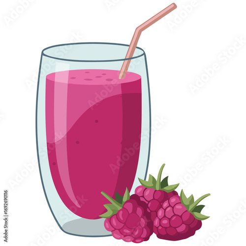 Refreshing raspberry smoothie in transparent glass with straw isolated vector illustration