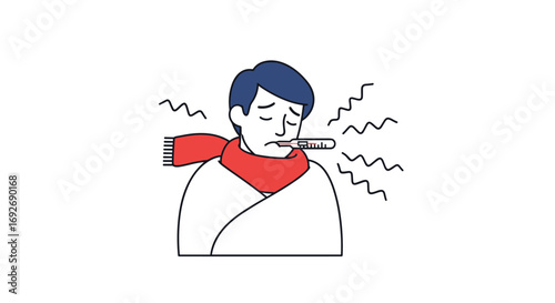 Man feeling unwell with fever and chills wearing a scarf and thermometer in mouth experiencing symptoms of illness