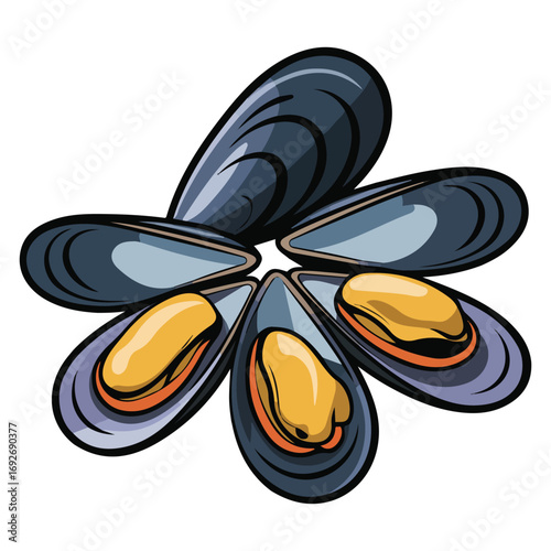Fresh blue marine mussels and oysters opened seafood bivalve molluscs cartoon vector