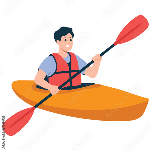 Sportsman kayaker paddling boat canoe in sea waves extreme outdoor watersport activity