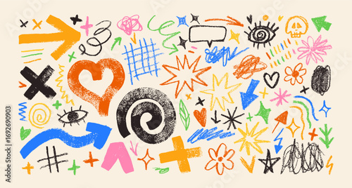 Funky colorful crayon drawn punk shapes and squiggles. Brush drawn spiral, heart, arrow and cross.