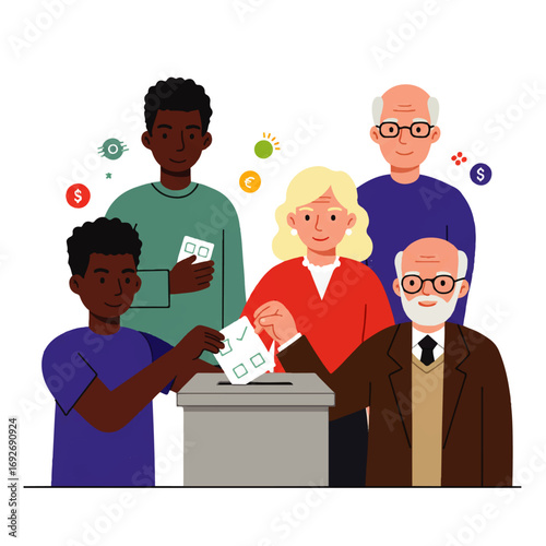 Diverse group of people voting, casting ballots into a ballot box, participating in a democratic election process.