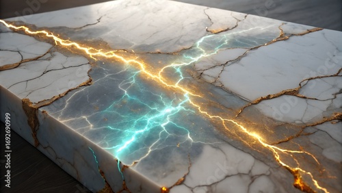 A beautiful white marble slab features intricate golden cracks with vibrant blue and orange glowing light flowing through them, creating an artistic abstract surface.