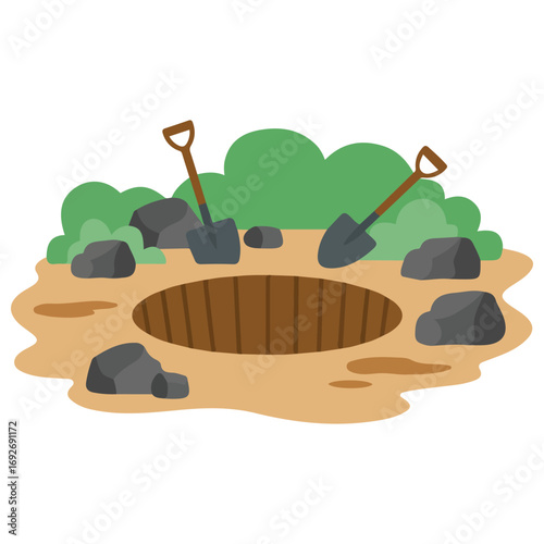Digging ground hole grave excavation funeral desert dirt stones shovel illustration