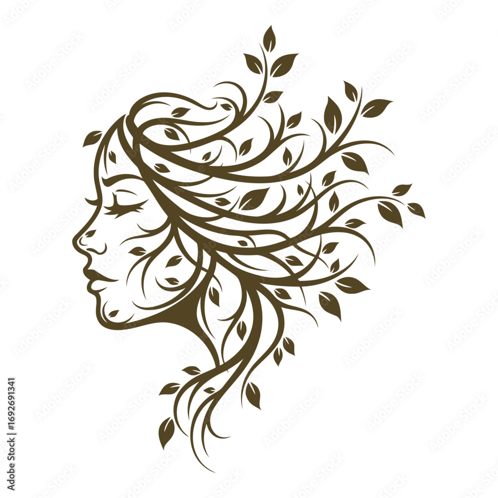 Fototapeta premium Vector art of stylized profile of a womans face with her hair transforming into branches and leaves