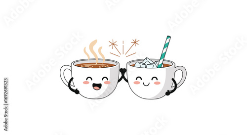 Two cute cartoon coffee cups smiling happily with steam and ice inside
