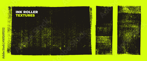 Black linocut stamp textures on acid green background. Handmade ink roller texture set with rough edges and aged effect. Grange urban backgrounds. Street art distress overlay. Lino ink block printing.