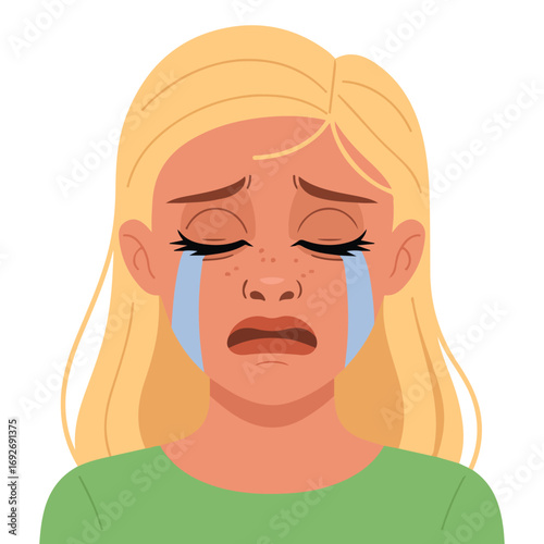 Crying unhappy blonde woman face expression female emotions attractive cartoon character