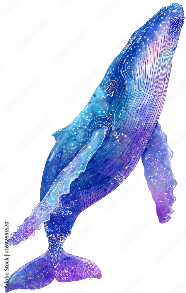 Fototapeta premium Magical whale swims peacefully in deep ocean with cosmos color
