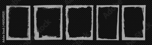 Grunge photo edge overlays set. Grunge punk frames with snow effect. Rectangular old rough edges with brush strokes and scratches. Realistic texture borders or frames for posters.