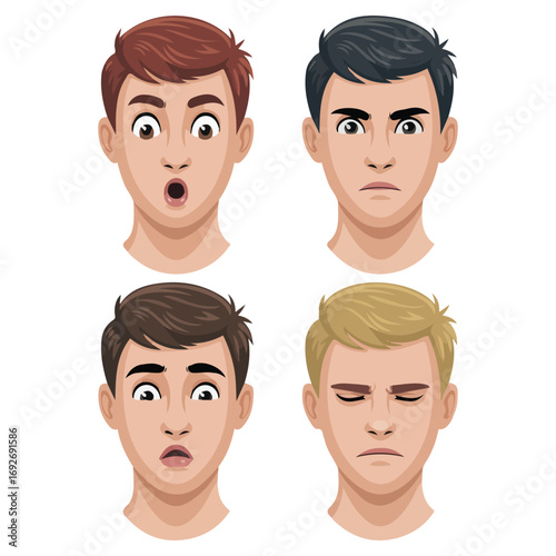 Handsome man face expressions different male emotions set young guy cartoon character