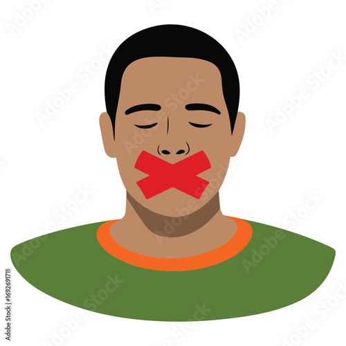 African American man with mouth sealed in adhesive tape vector illustration isolated
