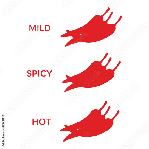 Vector art of three red chili peppers labeled mild, spicy, and hot