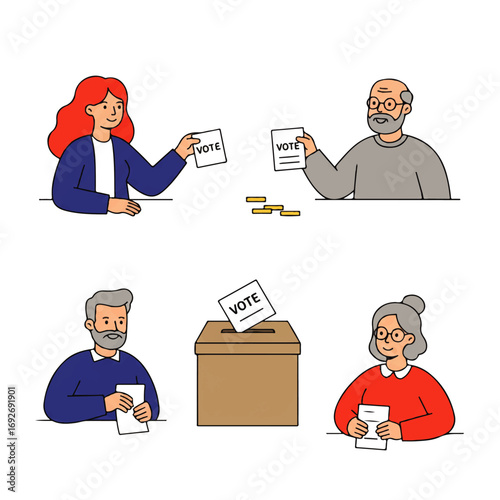 Four people, two women and two men, are shown casting their votes, placing ballots into a cardboard box.
