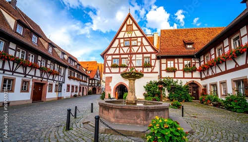 Quaint European town square with fountain and half-timbered houses