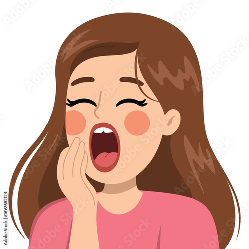 Young woman yawning covering mouth with hand eyes closed isolated vector illustration