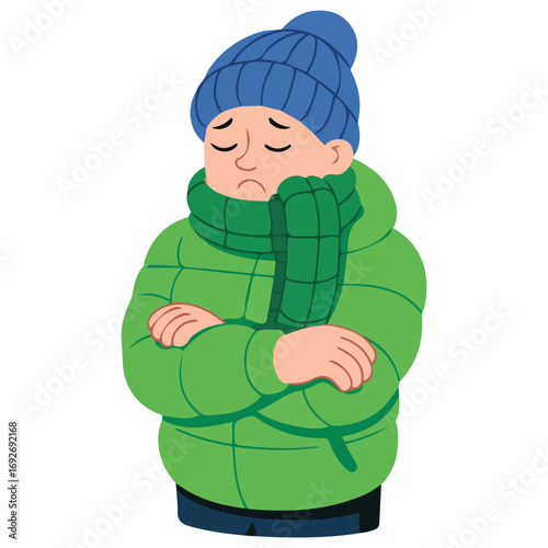Young man freezing wearing winter clothes shivering isolated vector illustration