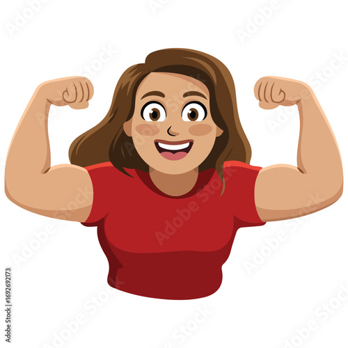 Strong powerful young woman winking eye and showing her muscles isolated on white