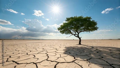 A resilient green tree persists beautifully in a vast, dry, cracked desert, bathed in bright sunlight under a clear blue sky.