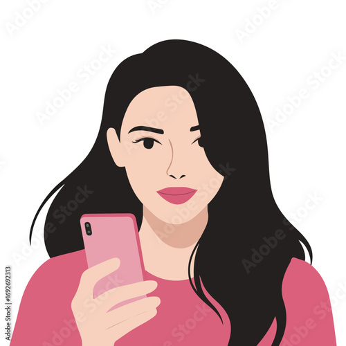 Portrait of woman with phone addiction on smartphone and internet social networks