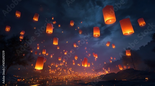 Floating Lanterns Illuminate Night Sky Celebration Festival