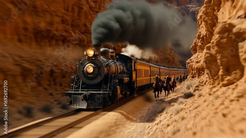 An epic Wild West chase with cowboys on horseback racing a steam train through a canyon, a cinematic scene of the American frontier, perfect for historical films and westerns.