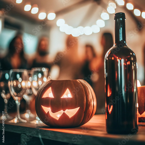 Carved halloween pumpkin and wine bottle at a festive party