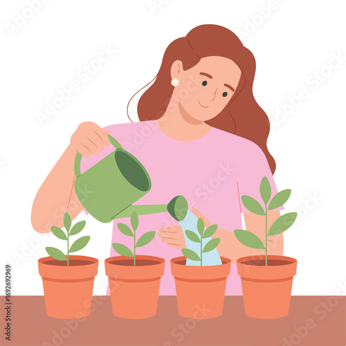 Woman caring for seedlings girl watering sprouts plants gardener indoor flowers