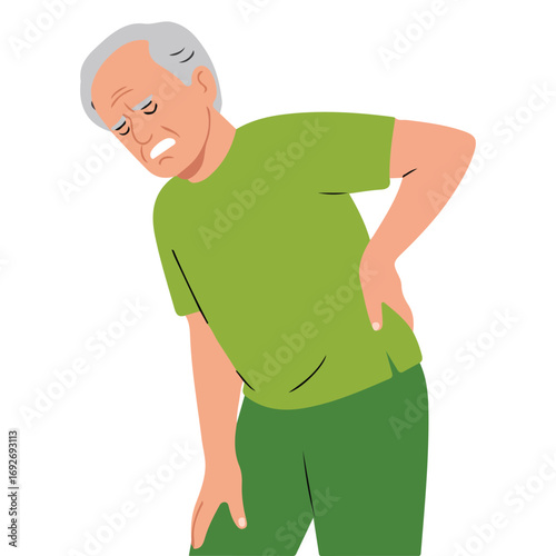 Upper body senior man with lower back pain sudden ache vector illustration isolated